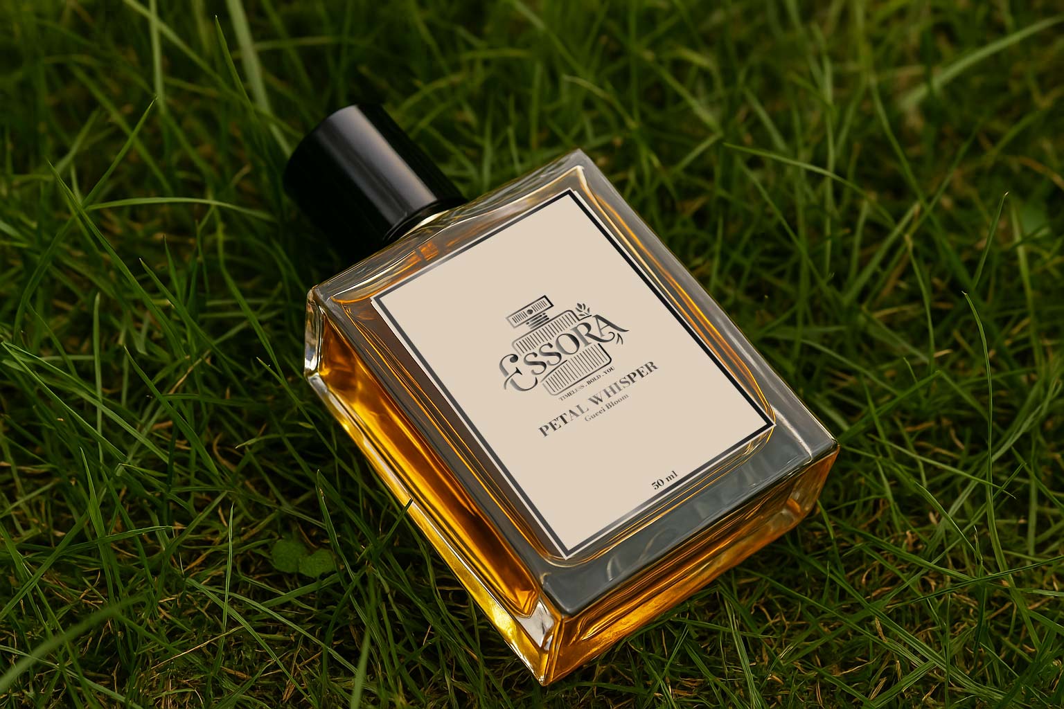 Petal Whisper bottle over grass